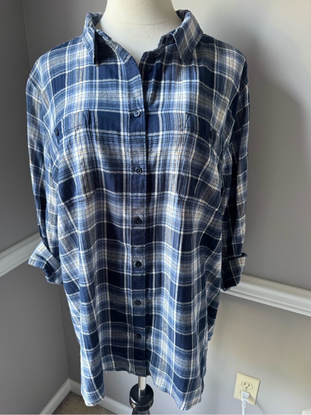 St. John's Bay Navy and White Plaid Button-Up Shirt